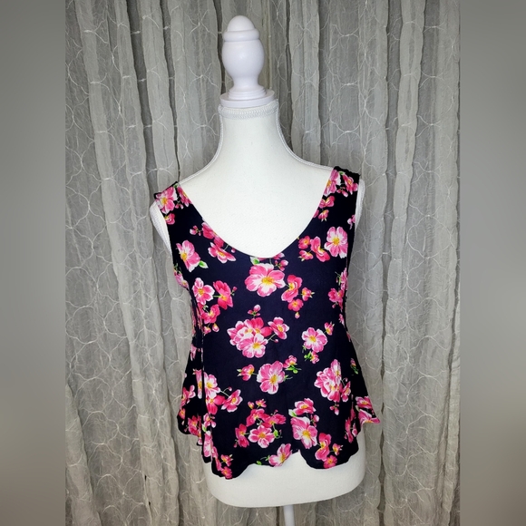 Peach Royal Tops - Peach Royal Navy Pink Floral Low Back Crop Peplum Tank Top Size S